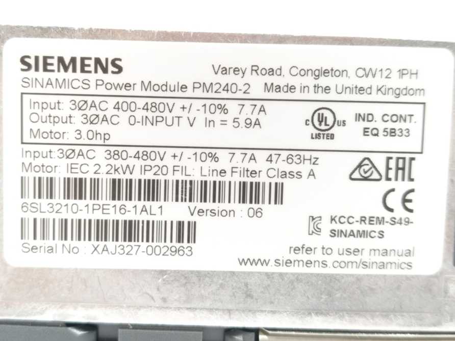 Siemens 6SL3210-1PE16-1AL1 Sinamics PM240-2 Power Module