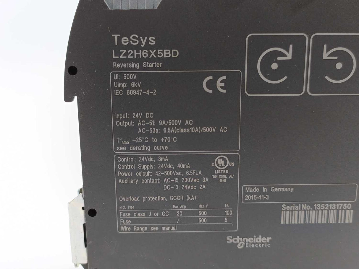 Schneider LZ2H6X5BD Reversing Starter 3kW-400V control 24VDC