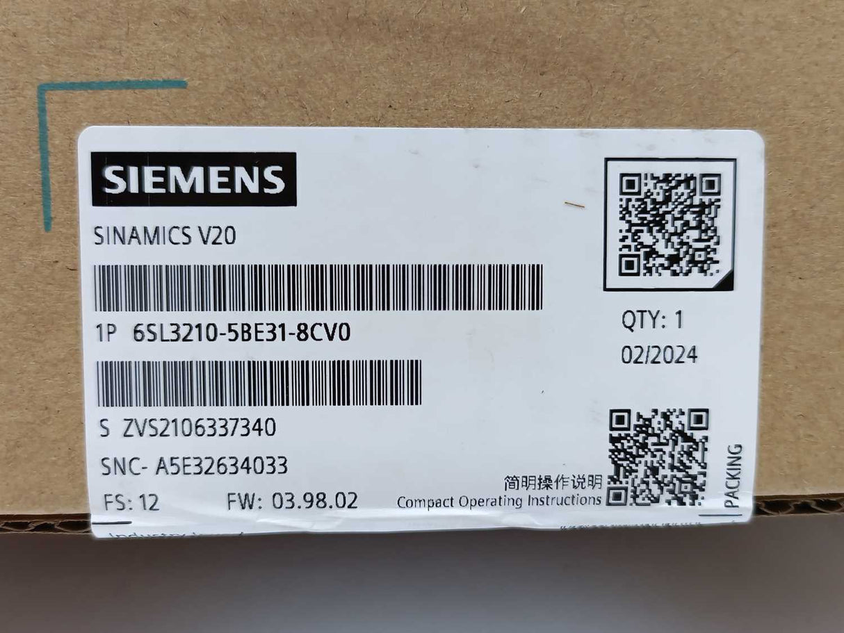 Siemens 6SL3210-5BE31-8CV0 Sinamics V20 Industry Inverter
