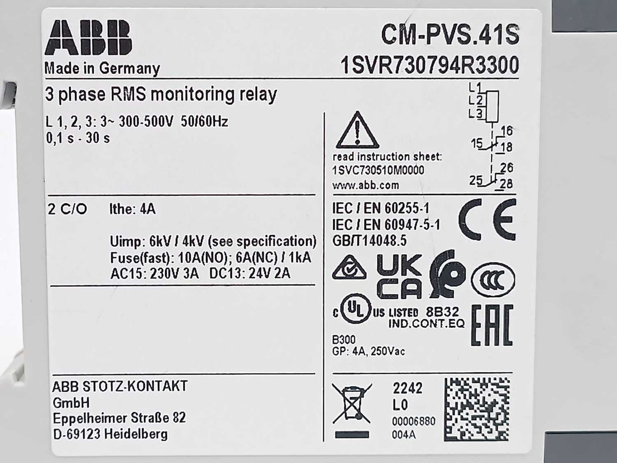 ABB 1SVR730794R3300 CM-PVS.41S 3-Phase RMS Monitoring Relay