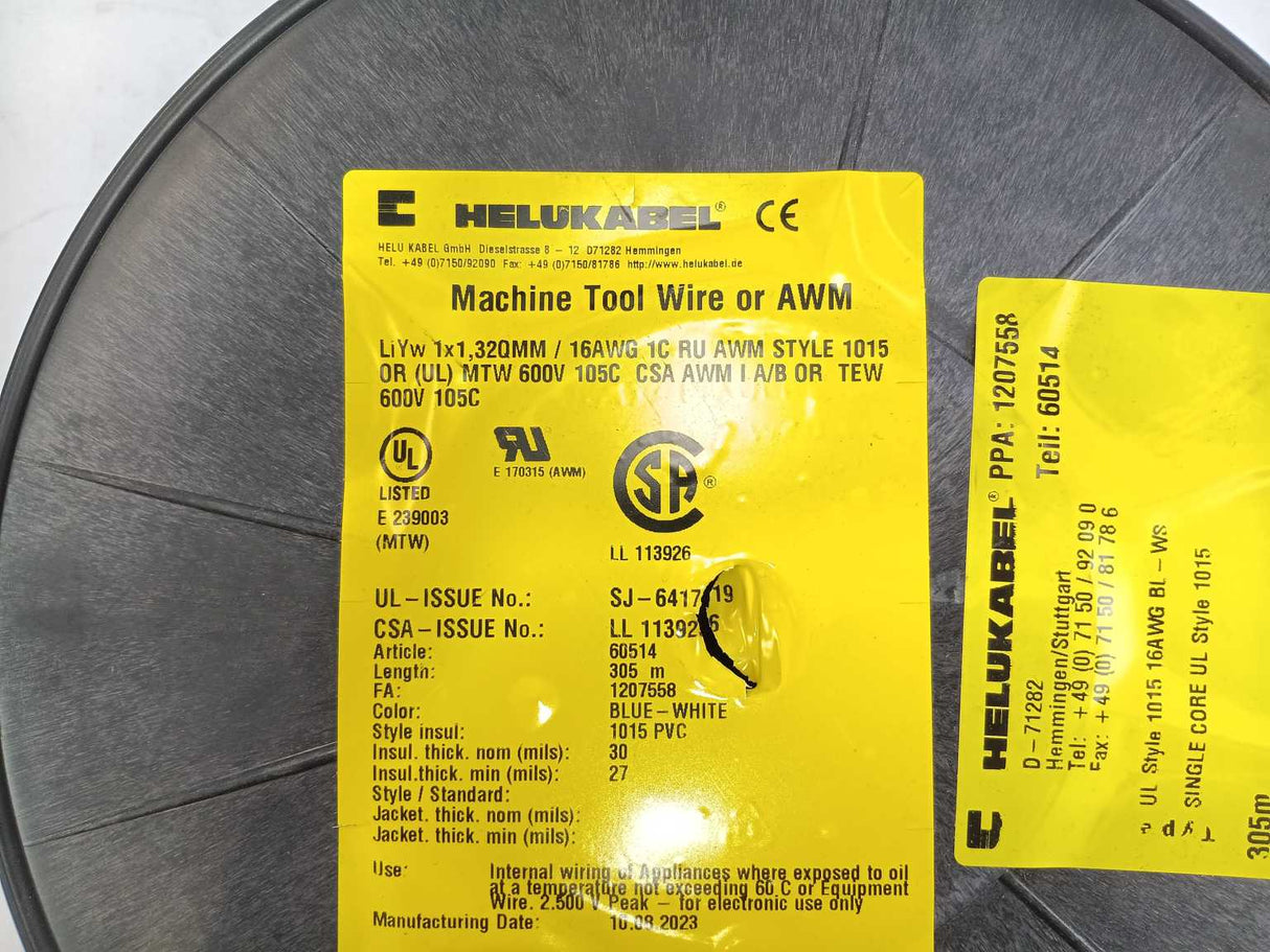 HELUKABEL 60514 Single Core UL Style 1015 16AWG Wire. 285m Spool
