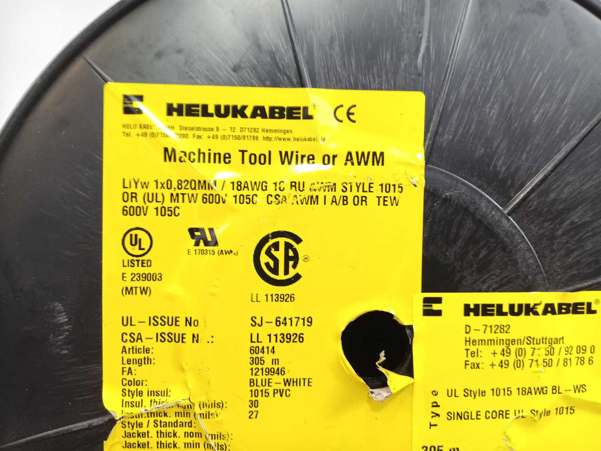 HELUKABEL 60414 Single Core UL Style 1015 18AWG Wire. 200m Spool