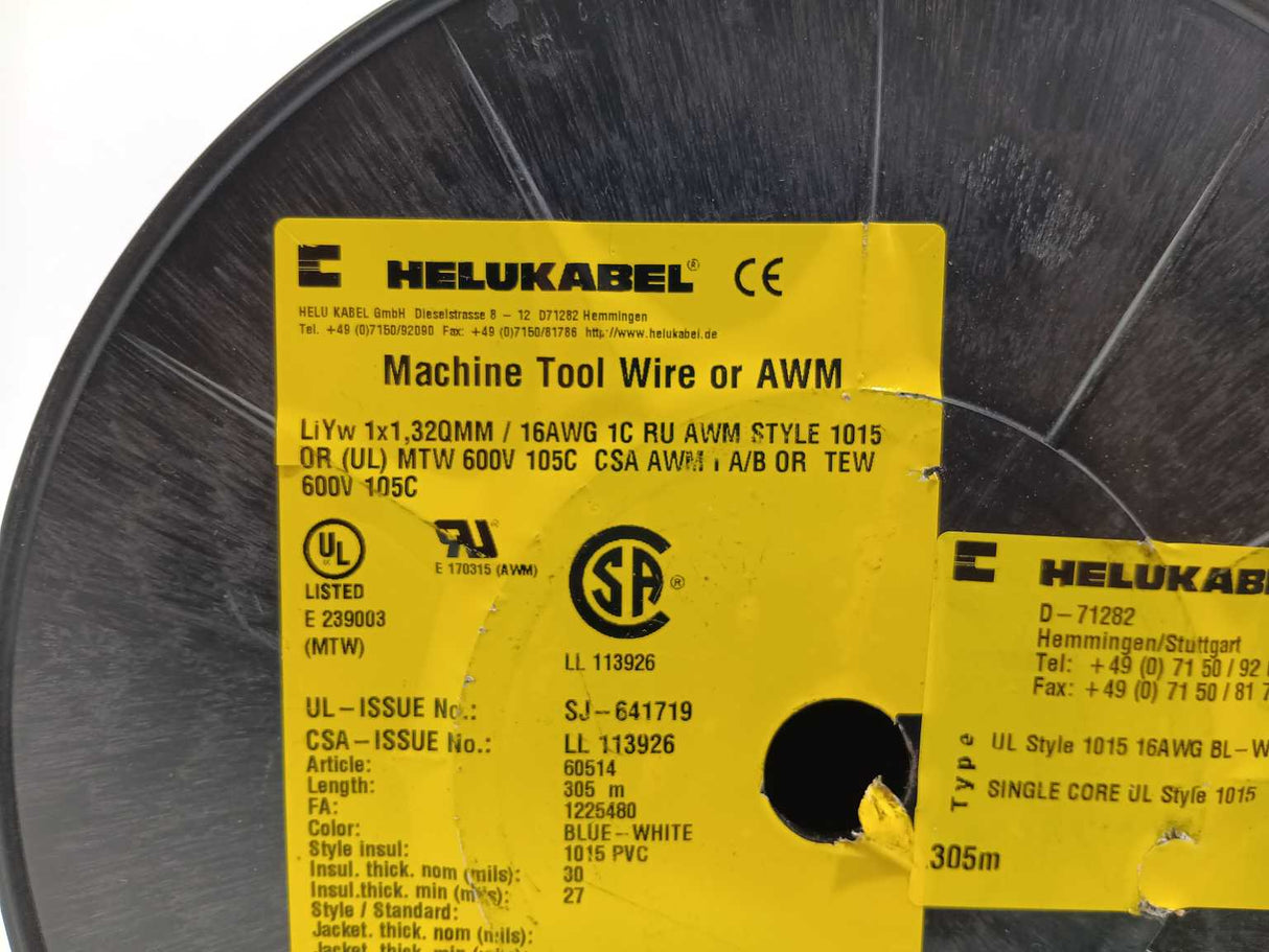 HELUKABEL 60514 Single Core UL Style 1015 16AWG Wire. 200m Spool