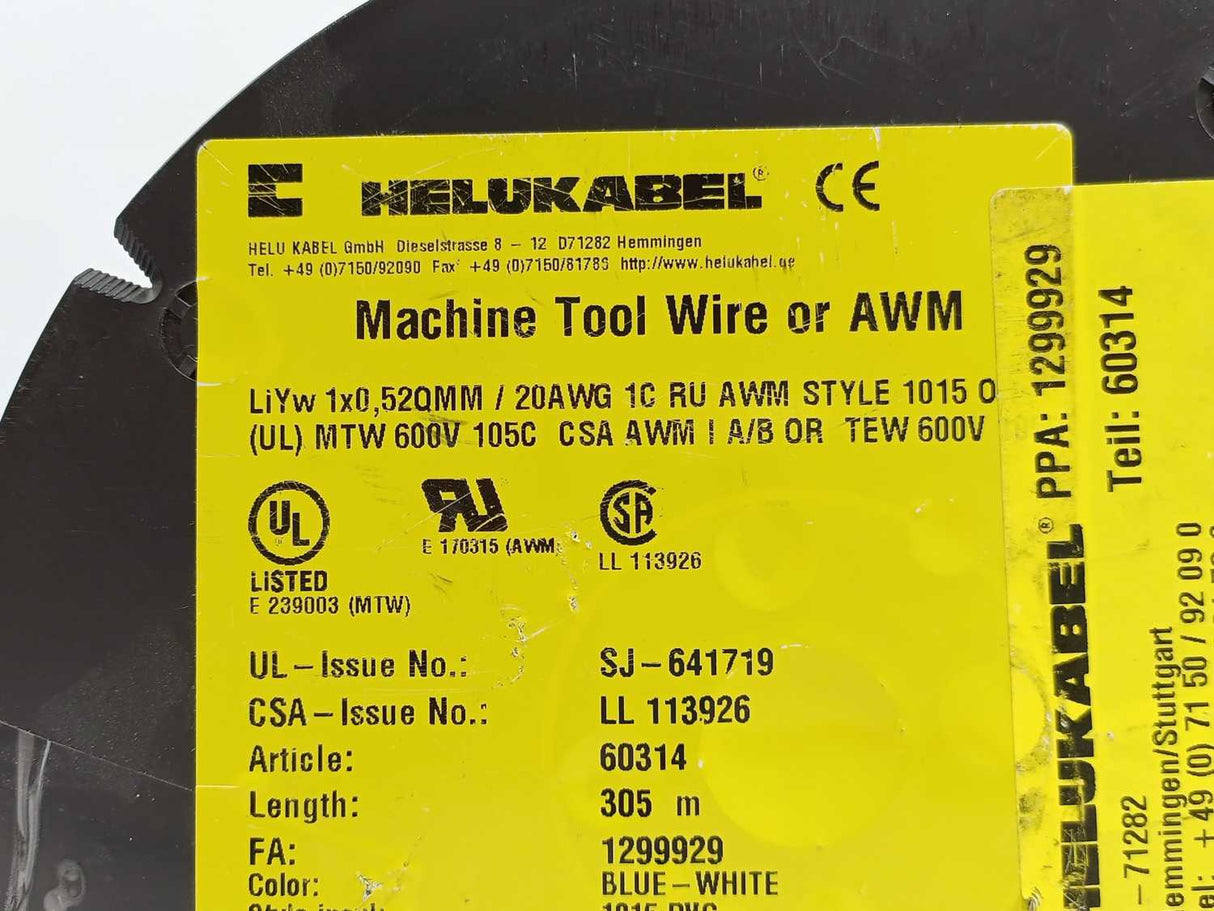 HELUKABEL 60314 Single Core UL Style 1015 20AWG Wire. 305m Spool