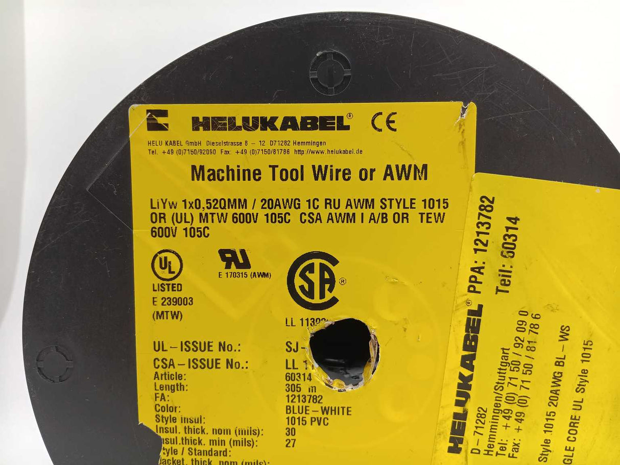HELUKABEL 60314 Single Core UL Style 1015 20AWG Wire. 250m Spool
