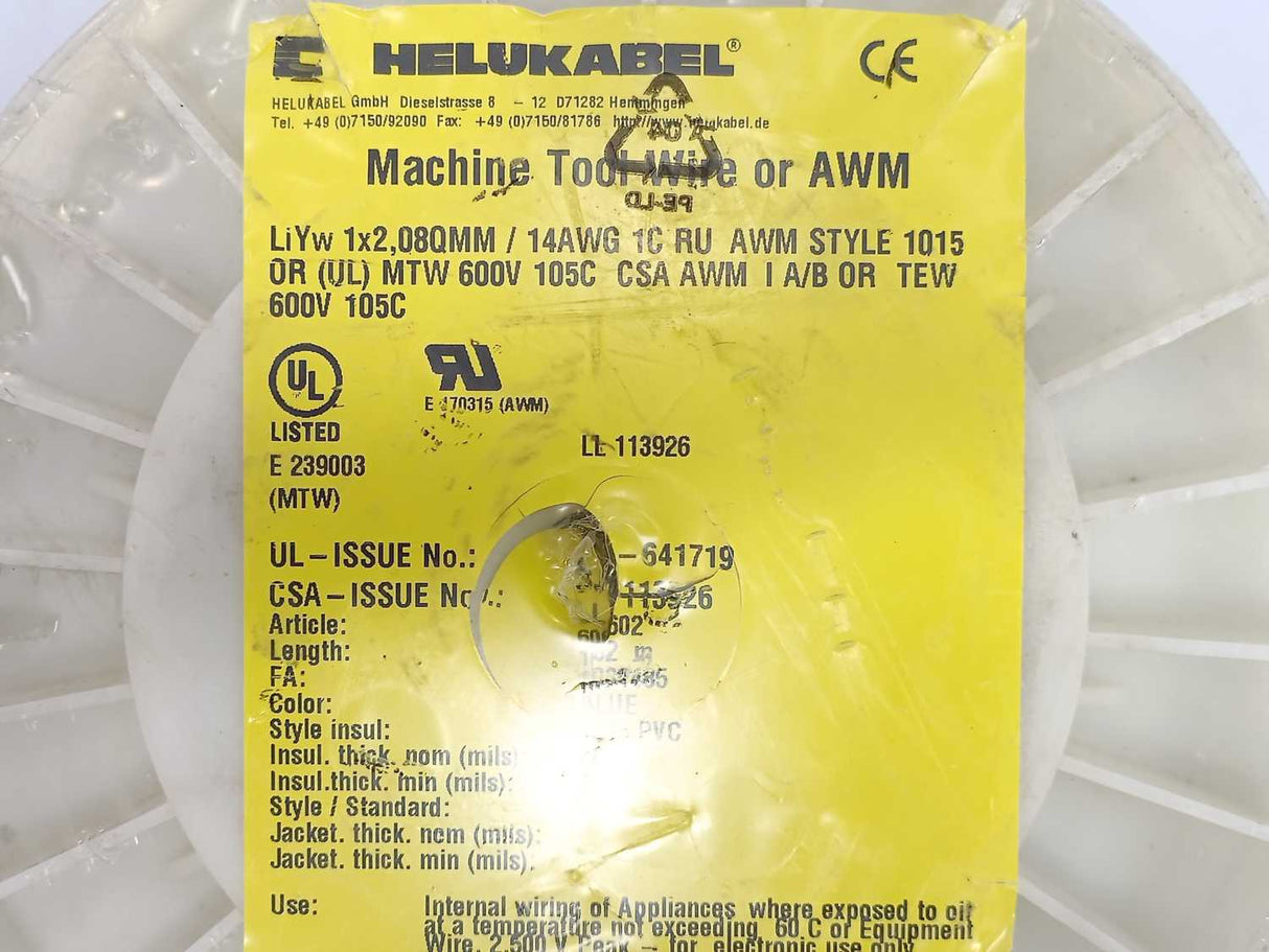 HELUKABEL 60602 Single Core UL Style 1015 14AWG Wire. 152m Spool