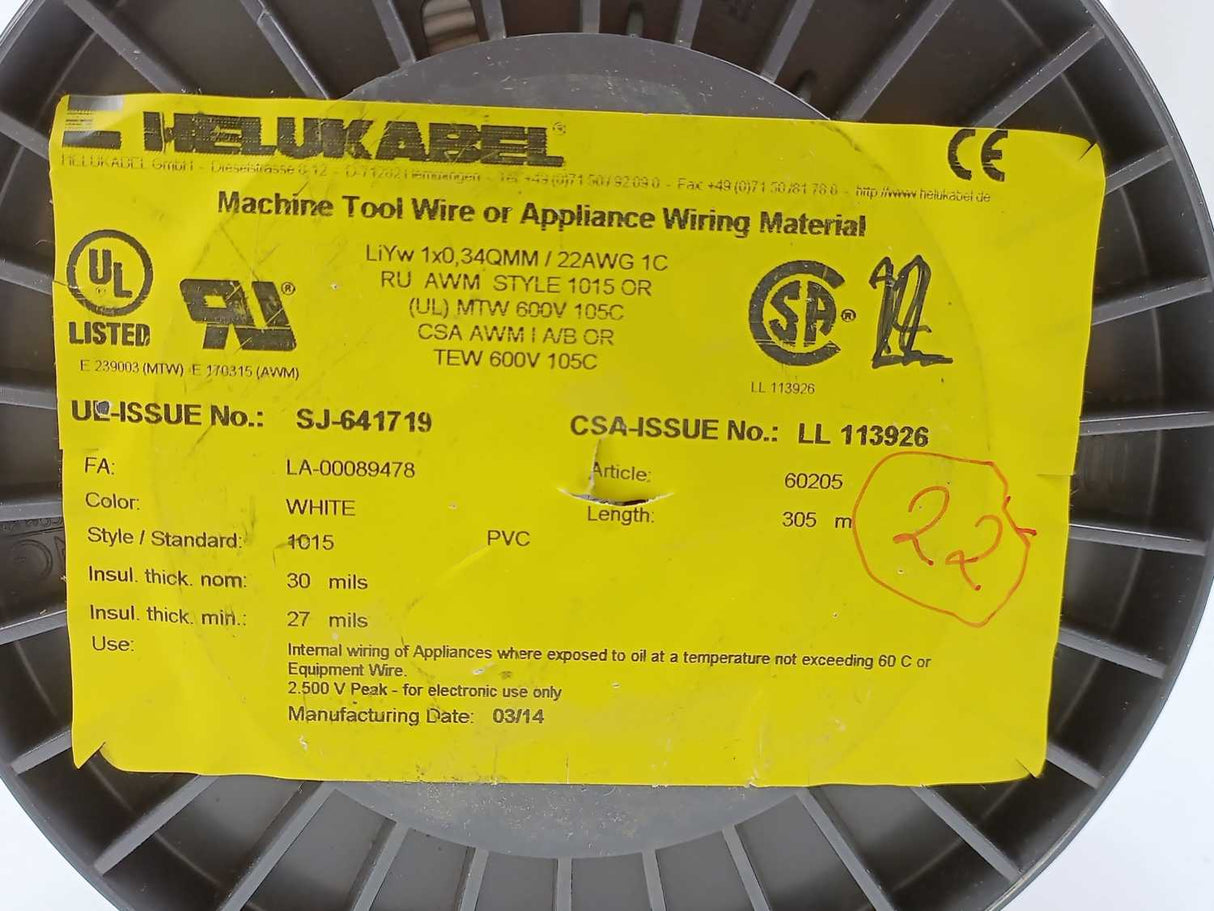 HELUKABEL 60205 Single Core UL Style 1015 22AWG Wire. 305m Spool