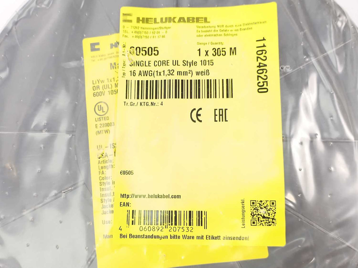 HELUKABEL 60505 Single Core UL Style 1015 16AWG Wire. 305m Spool