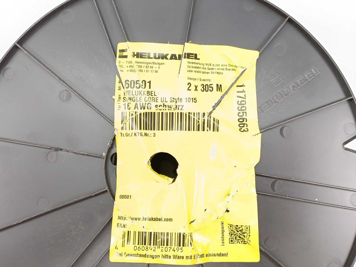 HELUKABEL 60501 Single Core UL Style 1015 16AWG Black Wire. 250m Spool