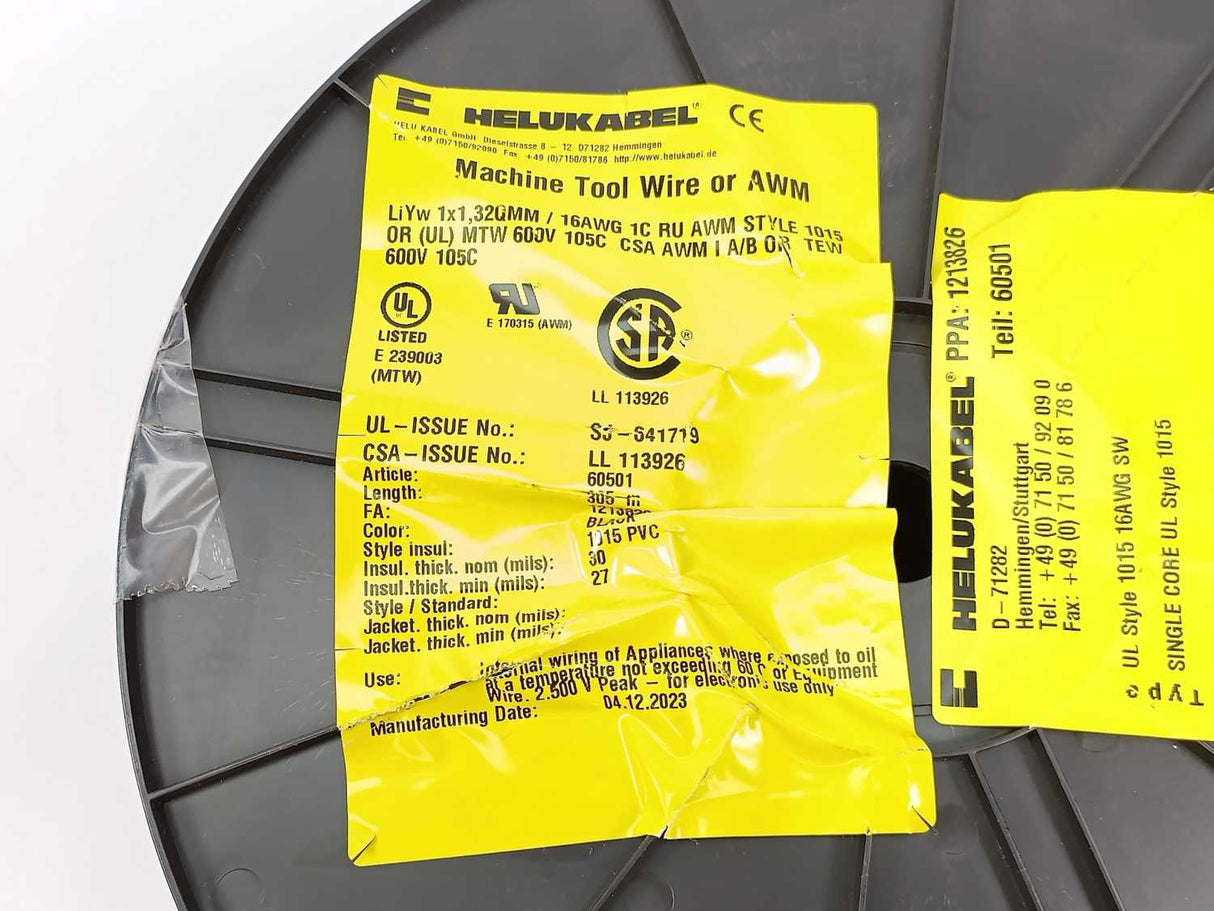 HELUKABEL 60501 Single Core UL Style 1015 16AWG Black Wire. 305m Spool