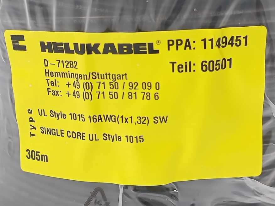 HELUKABEL 60501 Single Core UL Style 1015 16AWG Black Wire. 305m Spool