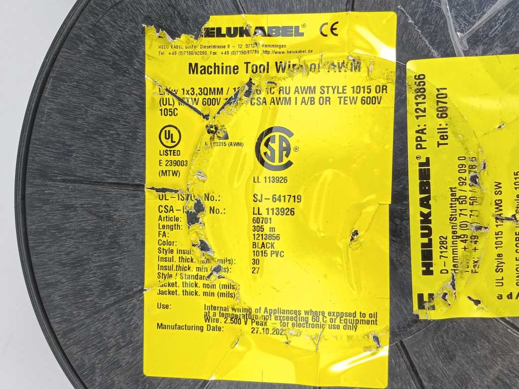 HELUKABEL 60701 Single Core UL Style 1015 12AWG Black Wire. 305m Spool
