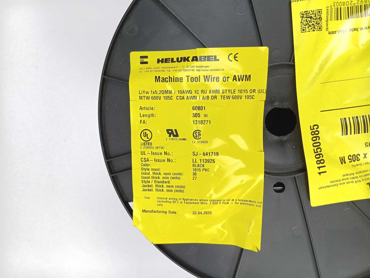 HELUKABEL 60801 Single Core UL Style 1015 10AWG Black Wire. 300m Spool