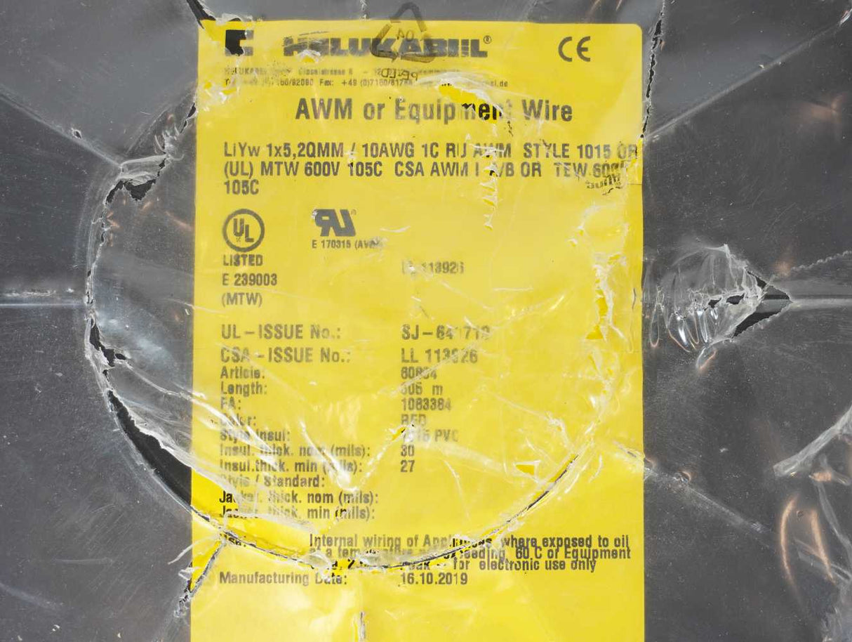 HELUKABEL 60804 AWM / Equipment Wire LiYw 1x5.2QMM 10AWG 1C Red