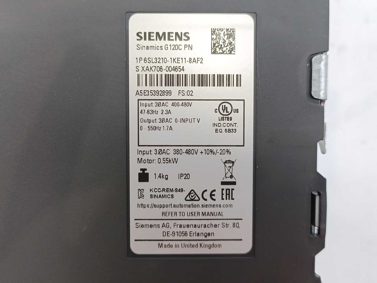Siemens 6SL3210-1KE11-8AF2 Sinamics G120C PN 0.55kW Frequency Converter