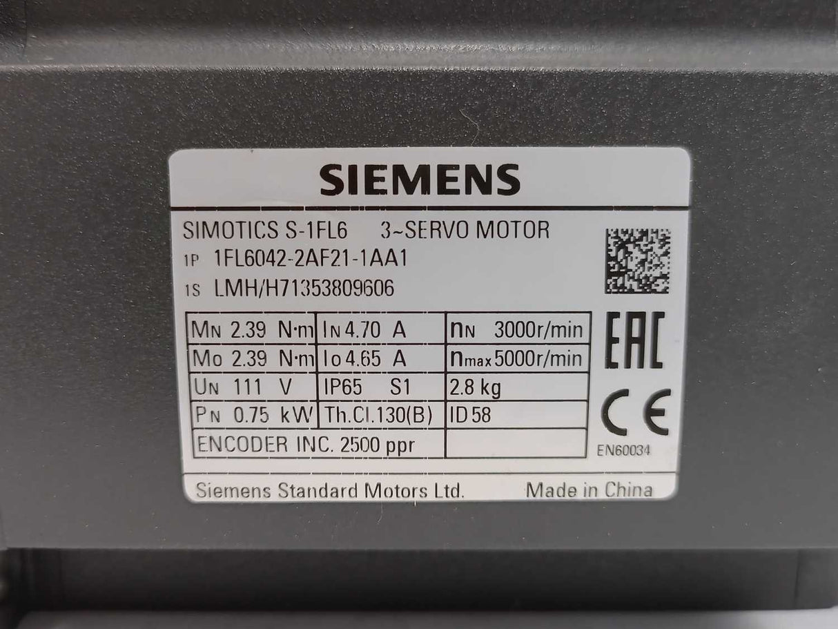 Siemens 1fl6042-2AF21-1AA1 SIMOTICS AC Servomotor 230 V 3AC Pn=0.75 kW
