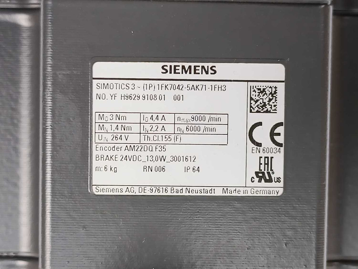 Siemens 1FK7042-5AK71-1FH3 SIMOTICS 3 Synchronous Servo Motor