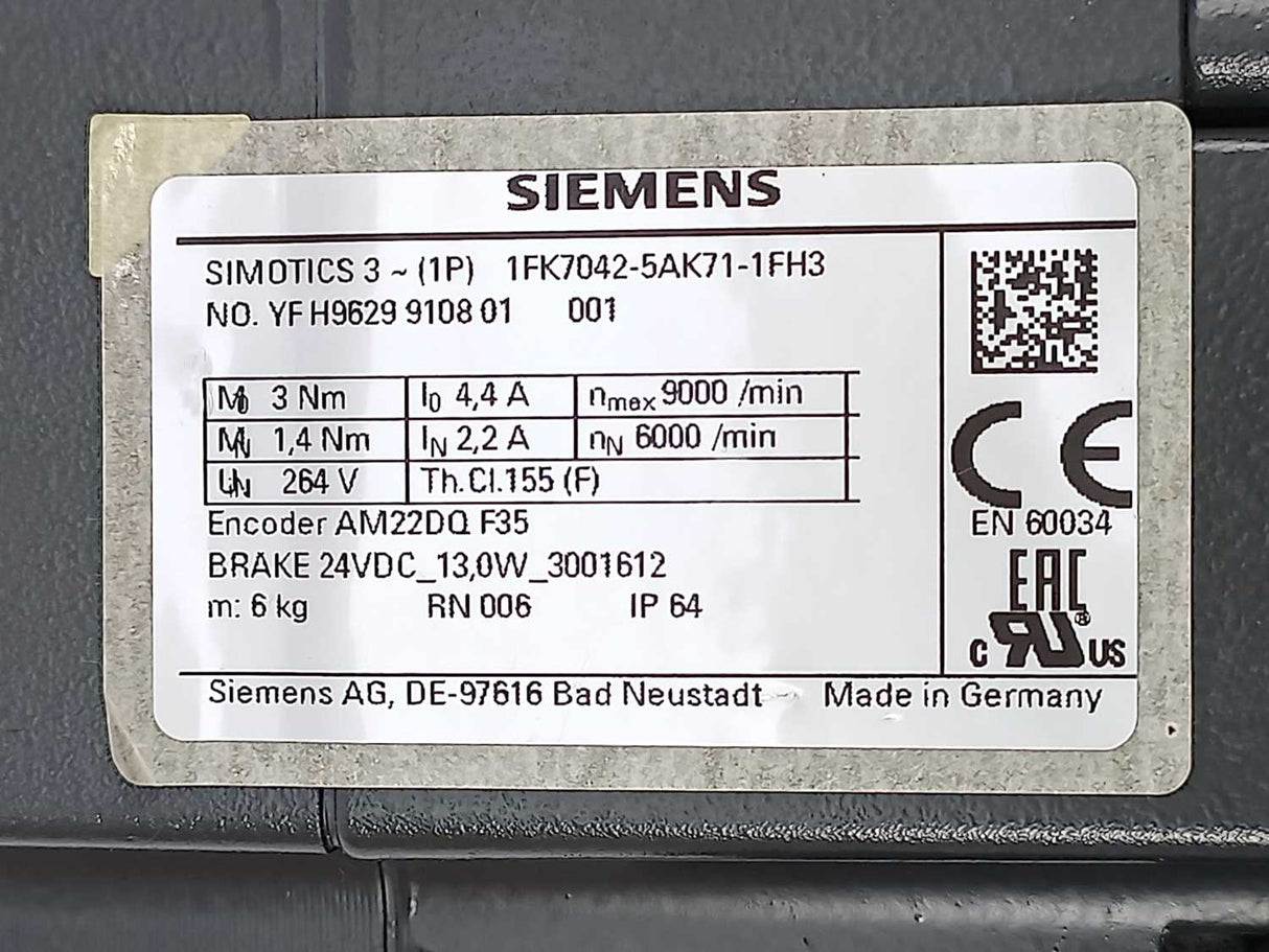 Siemens 1FK7042-5AK71-1FH3 SIMOTICS 3 Synchronous Servo Motor