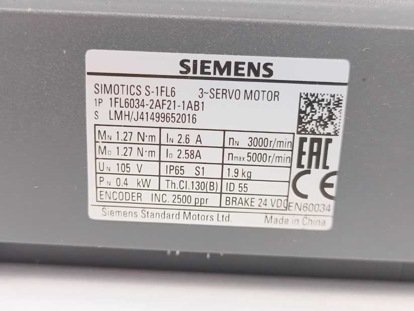 Siemens 1FL6034-2AF21-1AB1 SIMOTICS S-1FL6 Servo Motor