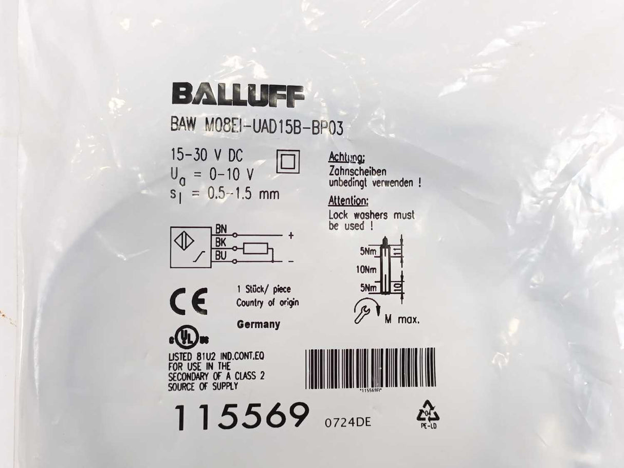 BALLUFF BAW M08EI-UAD15B-BP03 BAW000T Inductive Distance Sensor