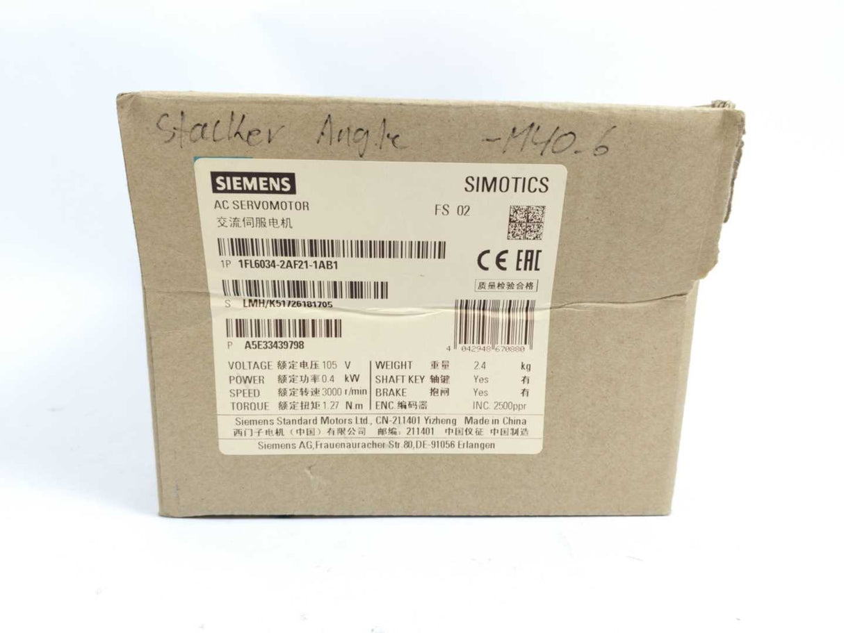 Siemens 1FL6034-2AF21-1AB1 SIMOTICS S-1FL6 Servo Motor