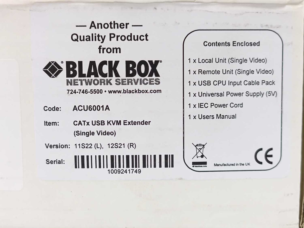 Black Box ACU6001A CATx USB KVM Extender (Single Video)