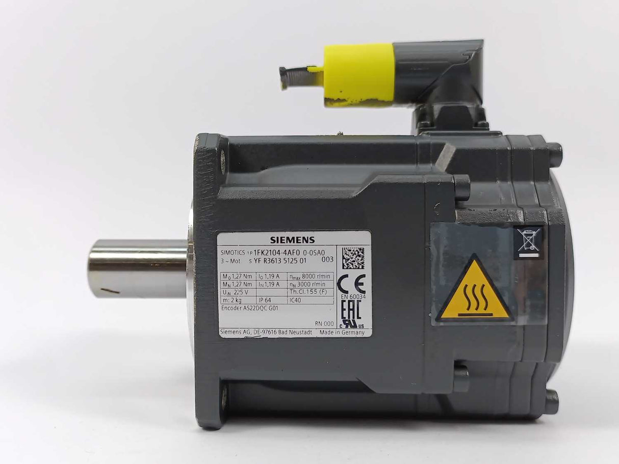Siemens 1FK2104-4AF00-0SA0 SIMOTICS S-1FK2 HD Servo Motor M0=1.27 Nm; PN= 0.4 kW