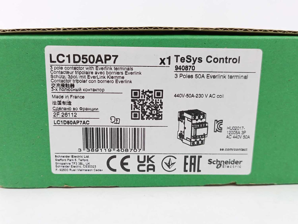 Schneider Electric LC1D50AP7 3 Pole Contactor with Everlink Terminals