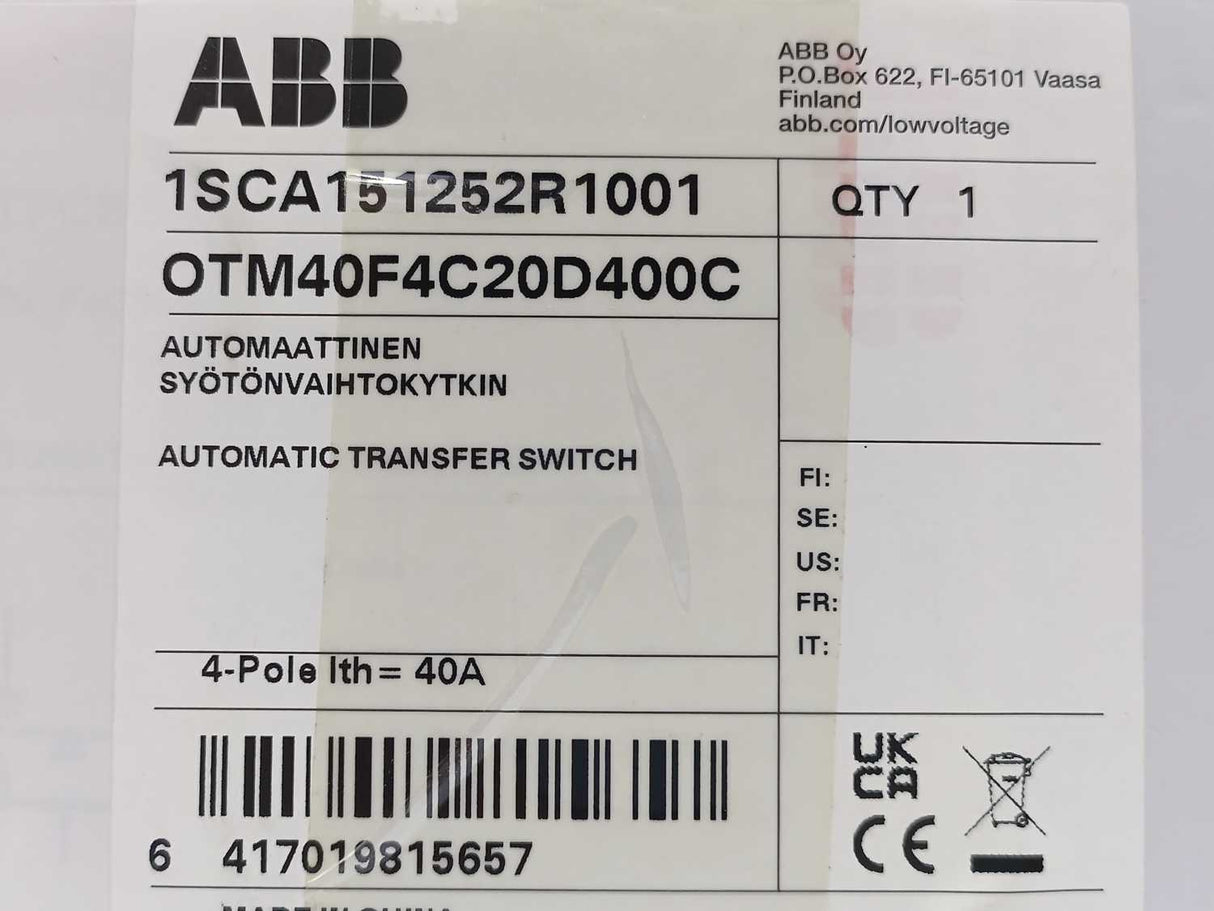 ABB 1SCA151252R1001 Automatic Transfer Switch, OTM40F4C20D400C