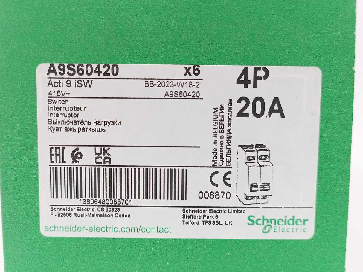 Schneider Electric A9S60420 Switch Interrupter Acti 9 iSW Batch 6pcs.