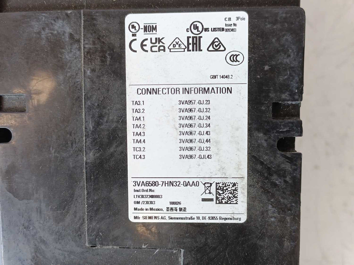 Siemens 3VA6580-7HN32-0AA0 Circuit Breaker, MCCB_UL_FS800_800A_3P_100KA_ETU3_LSI