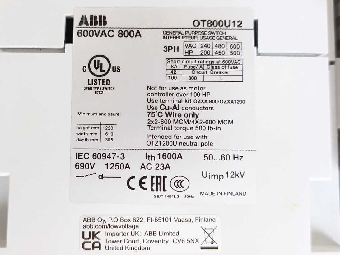 ABB 1SCA105637R1001 Switch Disconnector OT800U12