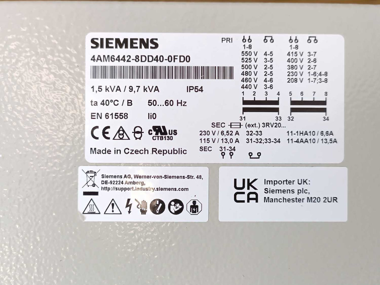 Siemens 4AM6442-8DD40-0FD0 Single-Phase Control Transformer 1.5 kVa