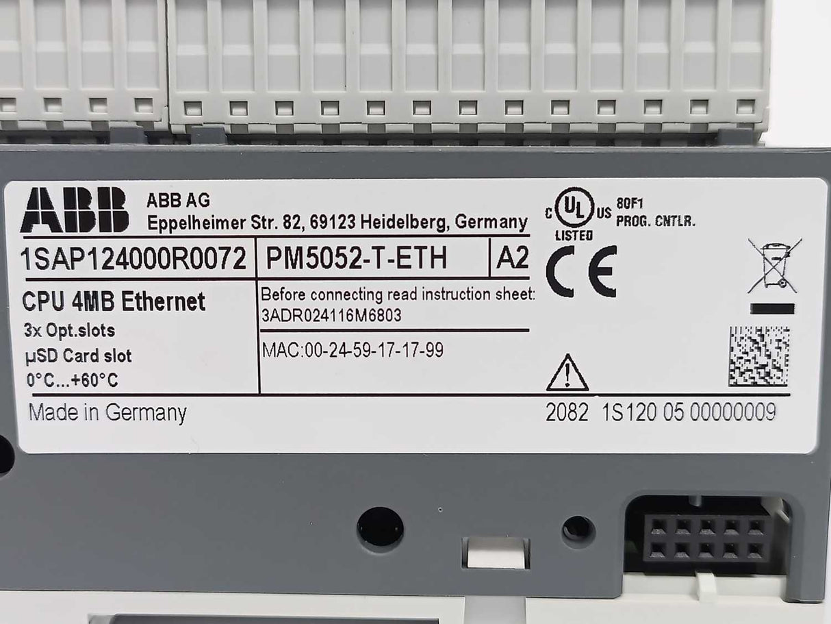 ABB 1SAP124000R0072 PM5052-T-ETH Processor Module. Memory 4MB.