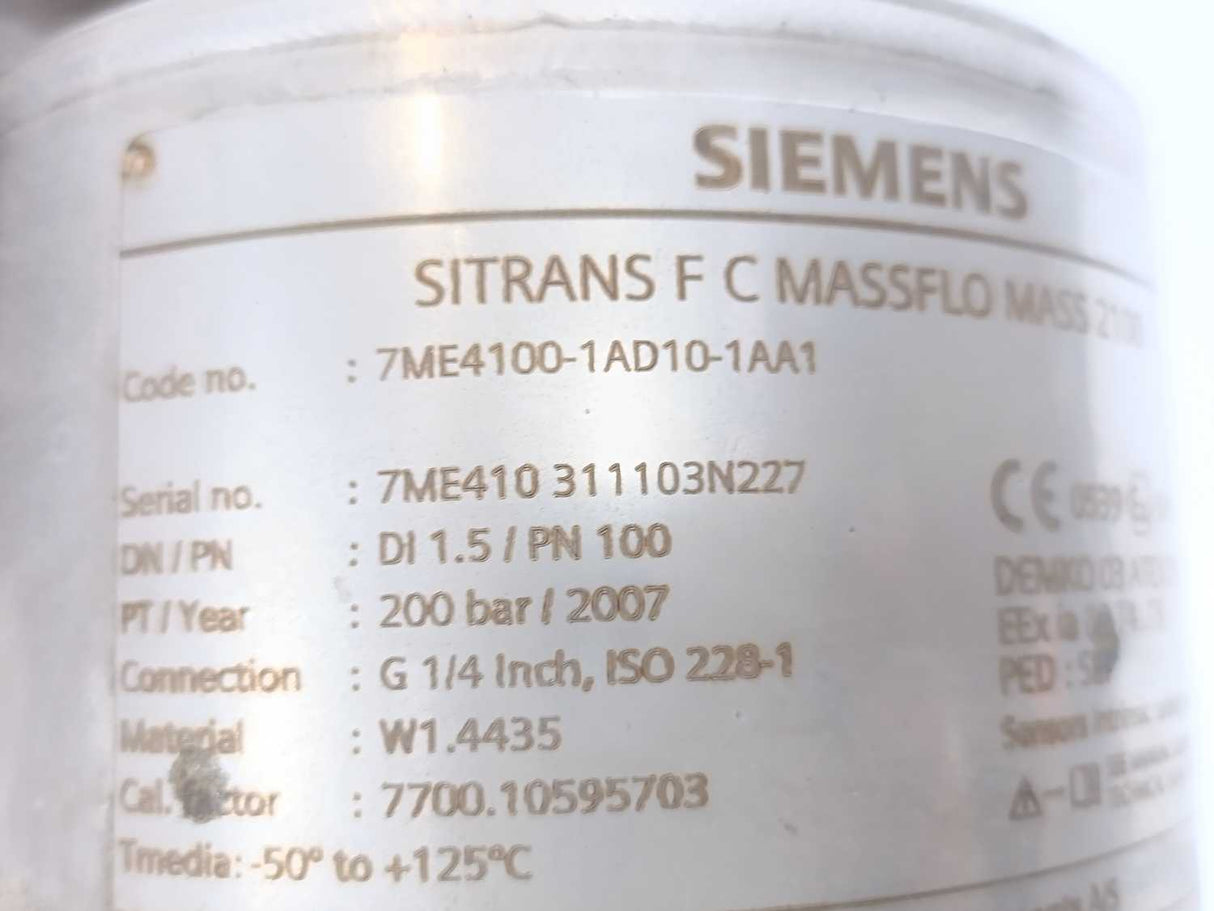 Siemens 7ME4100-1AD10-1AA1 SITRANS F C MASSFLO MASS 2100 Flow Sensor Instruments