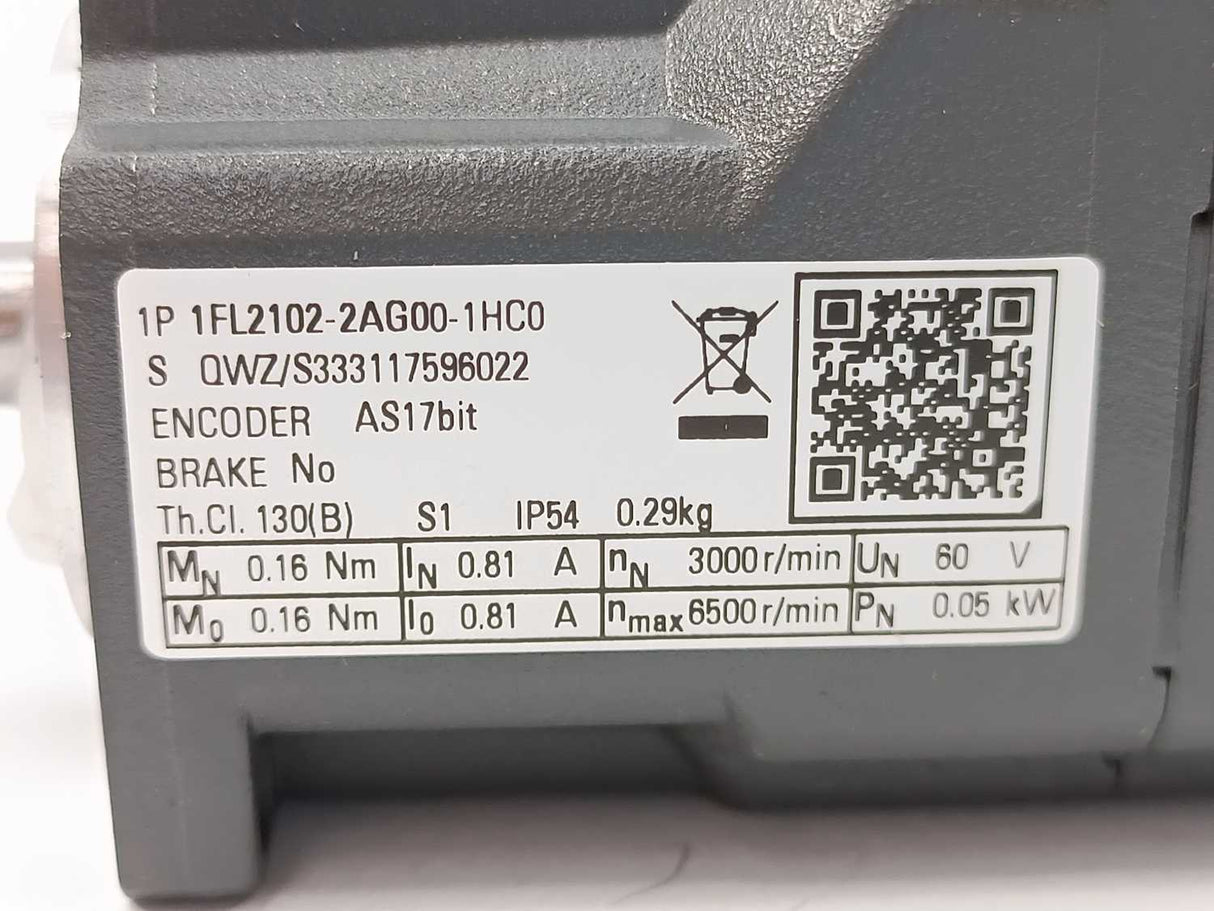 Siemens 1FL2102-2AG00-1HC0 SIMOTICS 3~ Servo Motor 6500rpm,