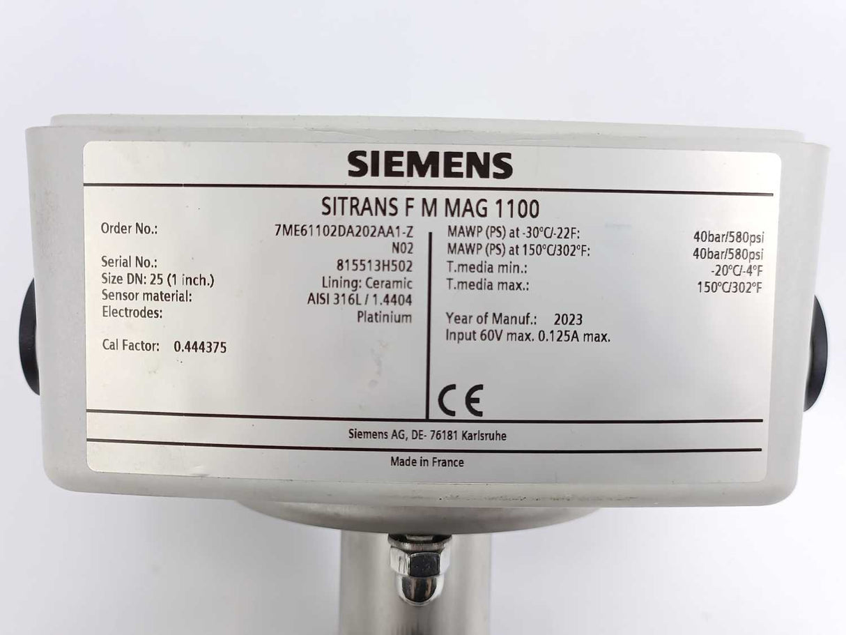 Siemens 7ME6110-2DA20-2AA1-Z Electromagnetic Flow Sensor