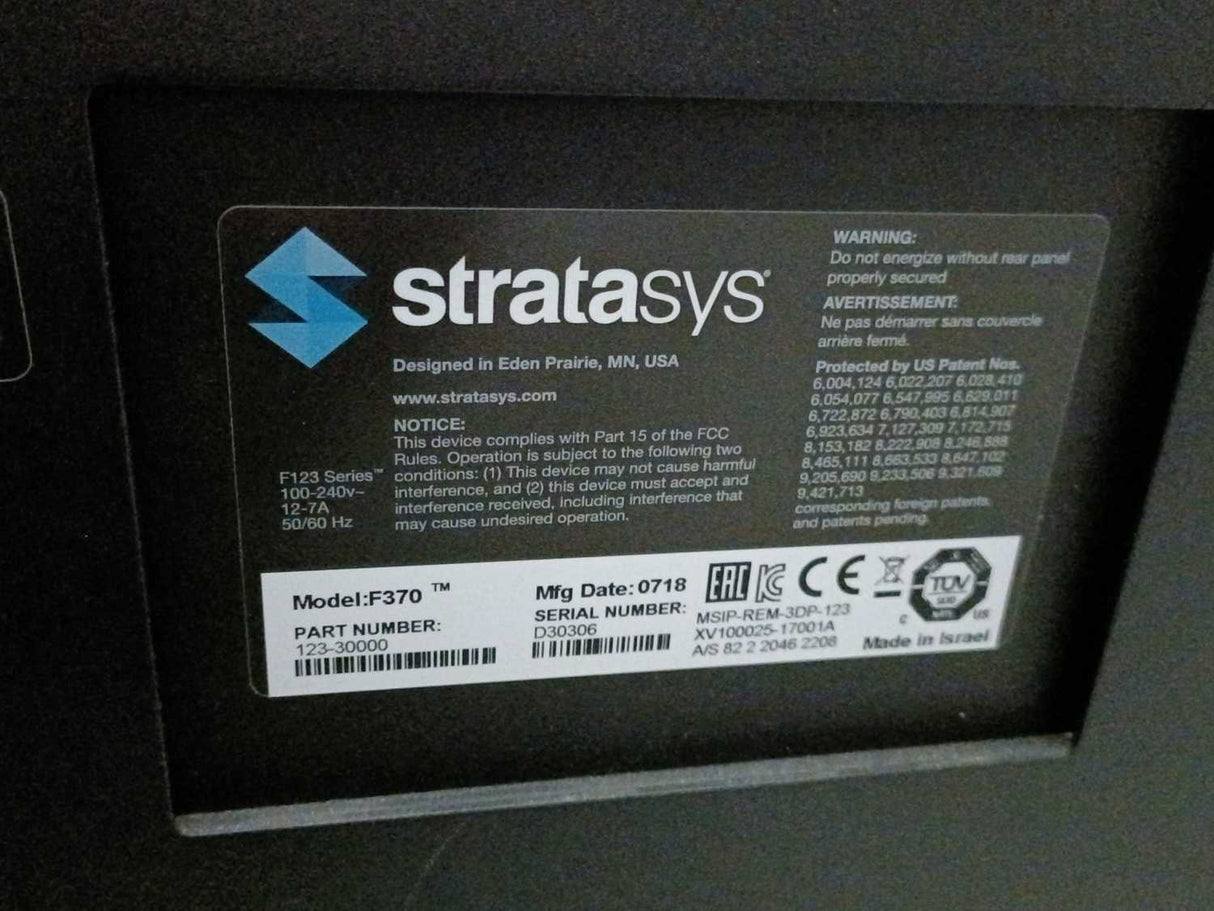 Stratasys F370 3D printer, 123-30000, 100-240V, 12-7A, 50/60Hz