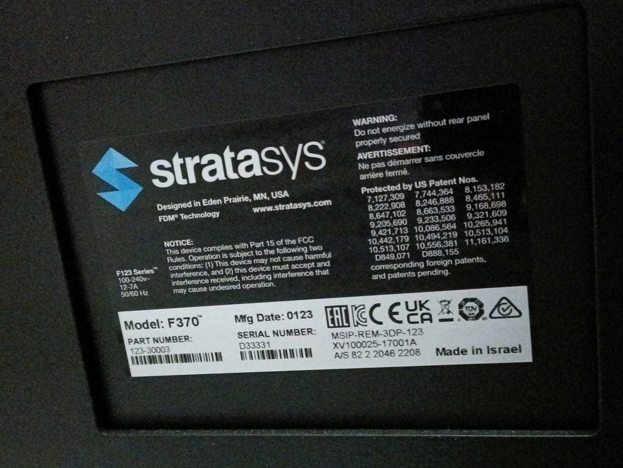 Stratasys F370 3D printer, 123-30003, 100-240V, 12-7A, 50/60Hz