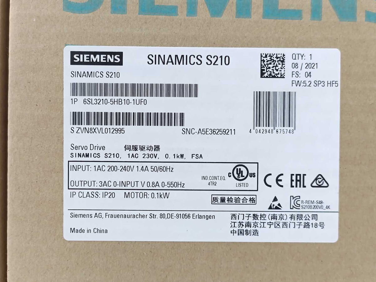 Siemens 6SL3210-5HB10-1UF0 SINAMICS S210 Servo Drive 1AC 230V 0.1kW FSA