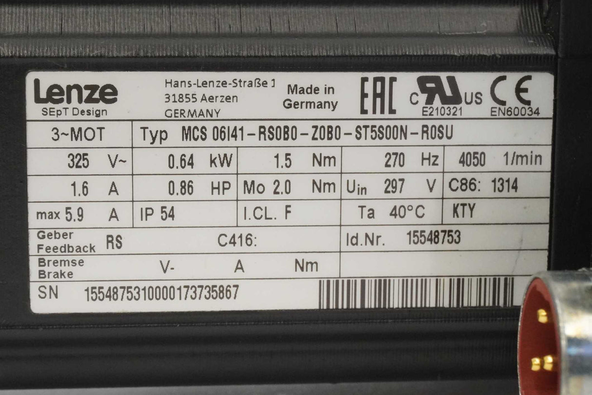 LENZE MCS 06I41-RS0B0-Z0B0-ST5S00N-R0SU S-MCT Servo Motor with Gearbox