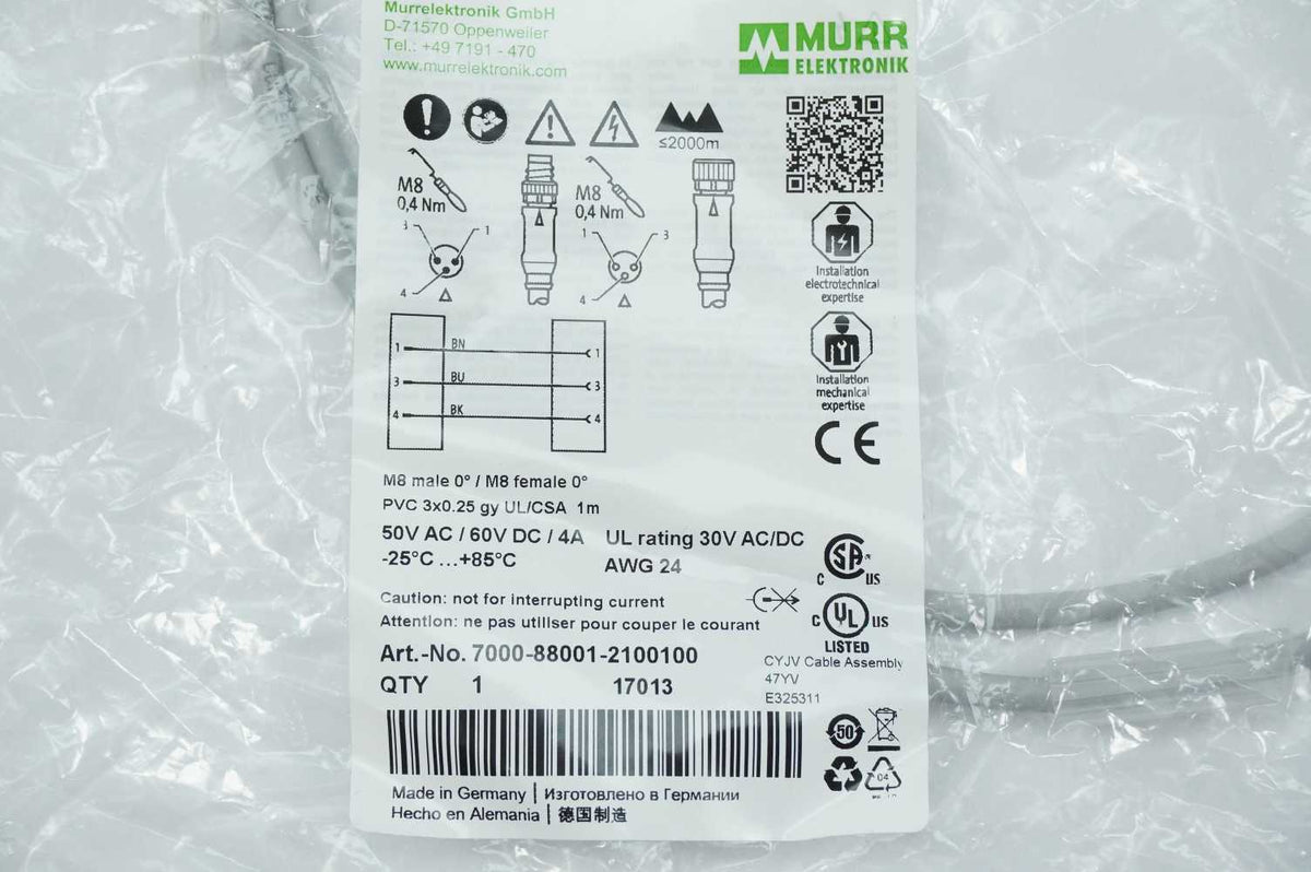 MURR Elektronik 7000-88001-2100100 M8 Male 0° / M8 Female 0° Connection Cable 1m