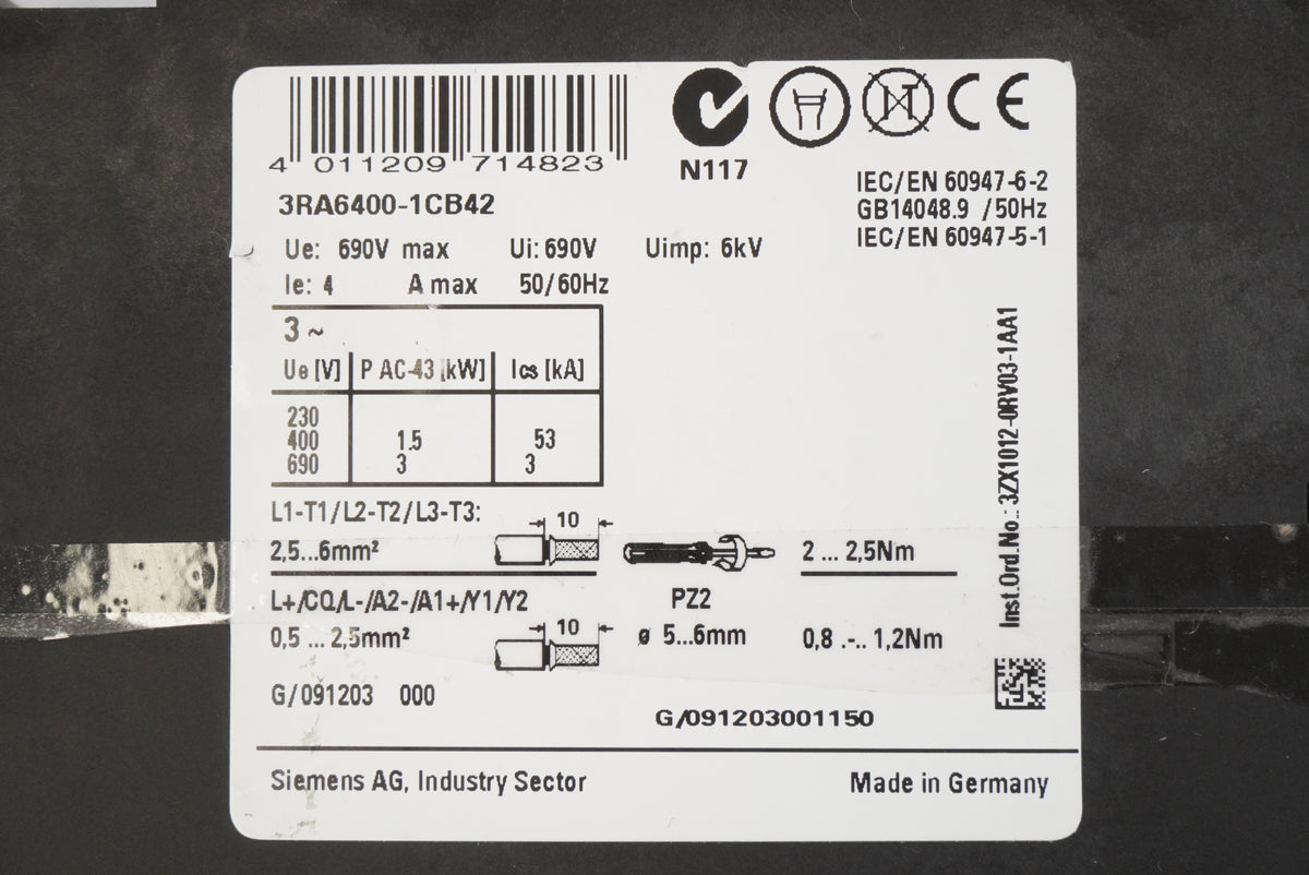 Siemens 3RA6400-1CB42 SIRIUS Compact Manual Motor Starter / Controller