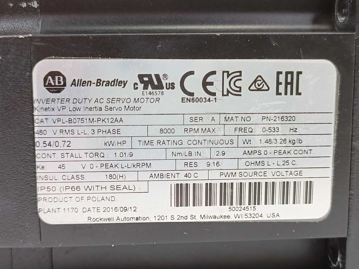 AB VPL-B0751M-PK12AA VPL Low Inertia Motor,  480V AC, 75mm