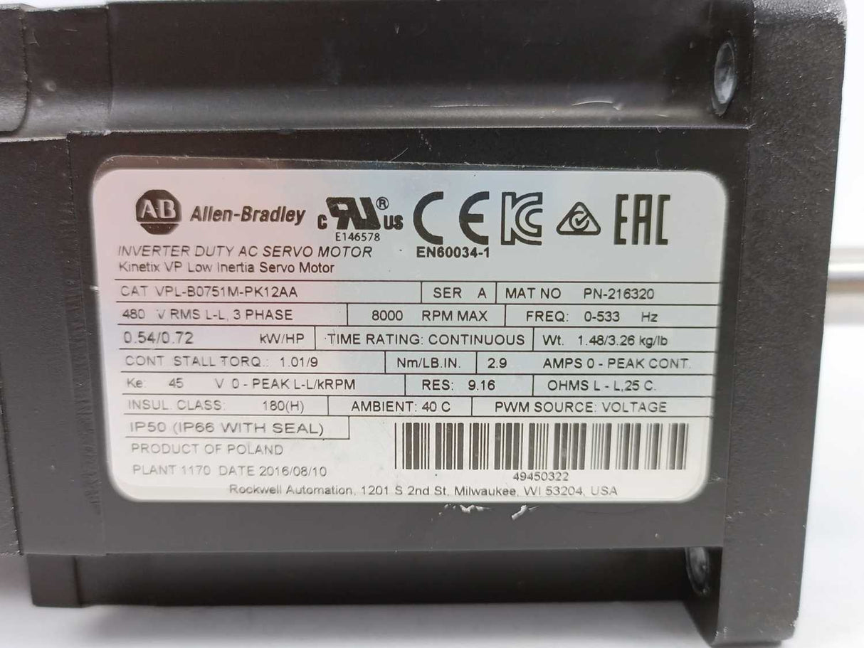 AB VPL-B0751M-PK12AA VPL Low Inertia Motor,  480V AC, 75mm