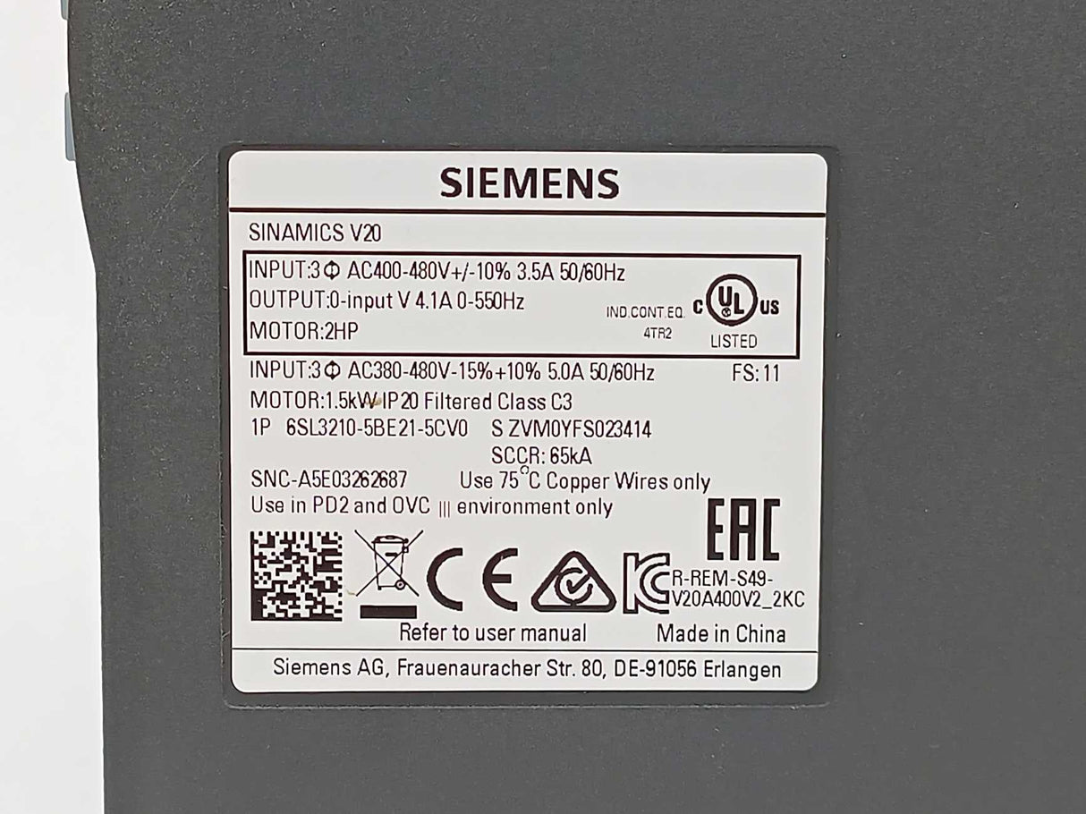Siemens 6SL3210-5BE21-5CV0 SINAMICS V20, 3AC 400V 1.5kW FILTER C3
