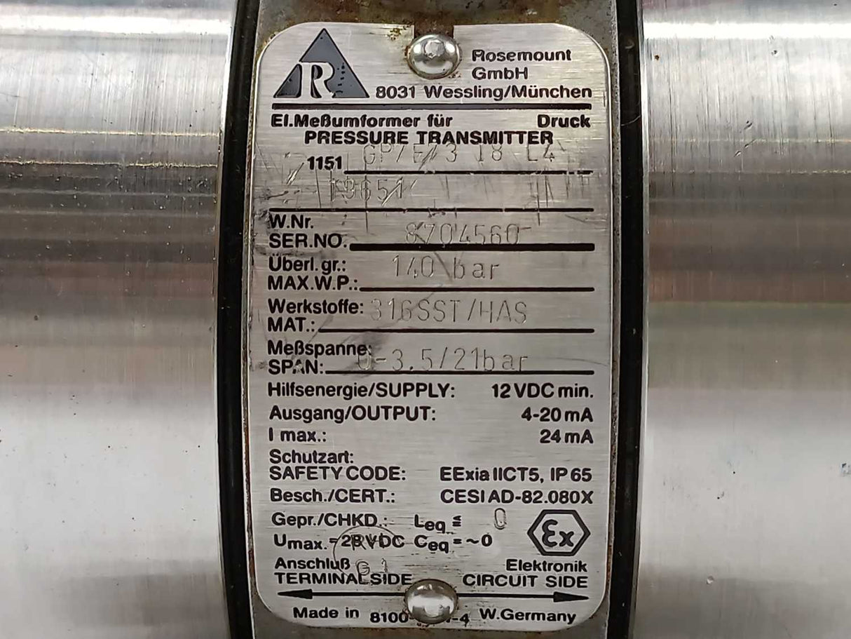 Rosemount 1151GP7E73 I8 L4 Pressure Transmitter