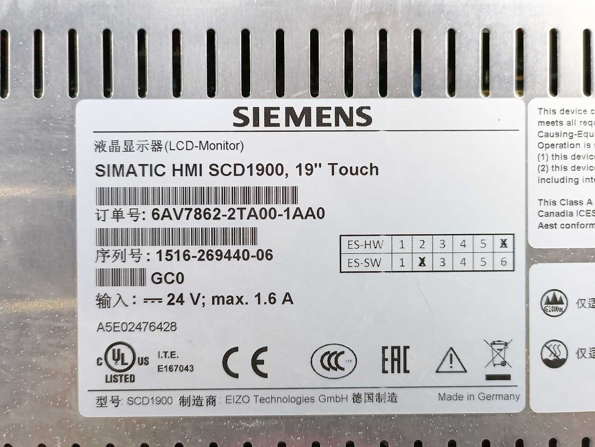 Siemens 6AV7862-2TA00-1AA0 SIMATIC HMI SCD1900 19" Touch