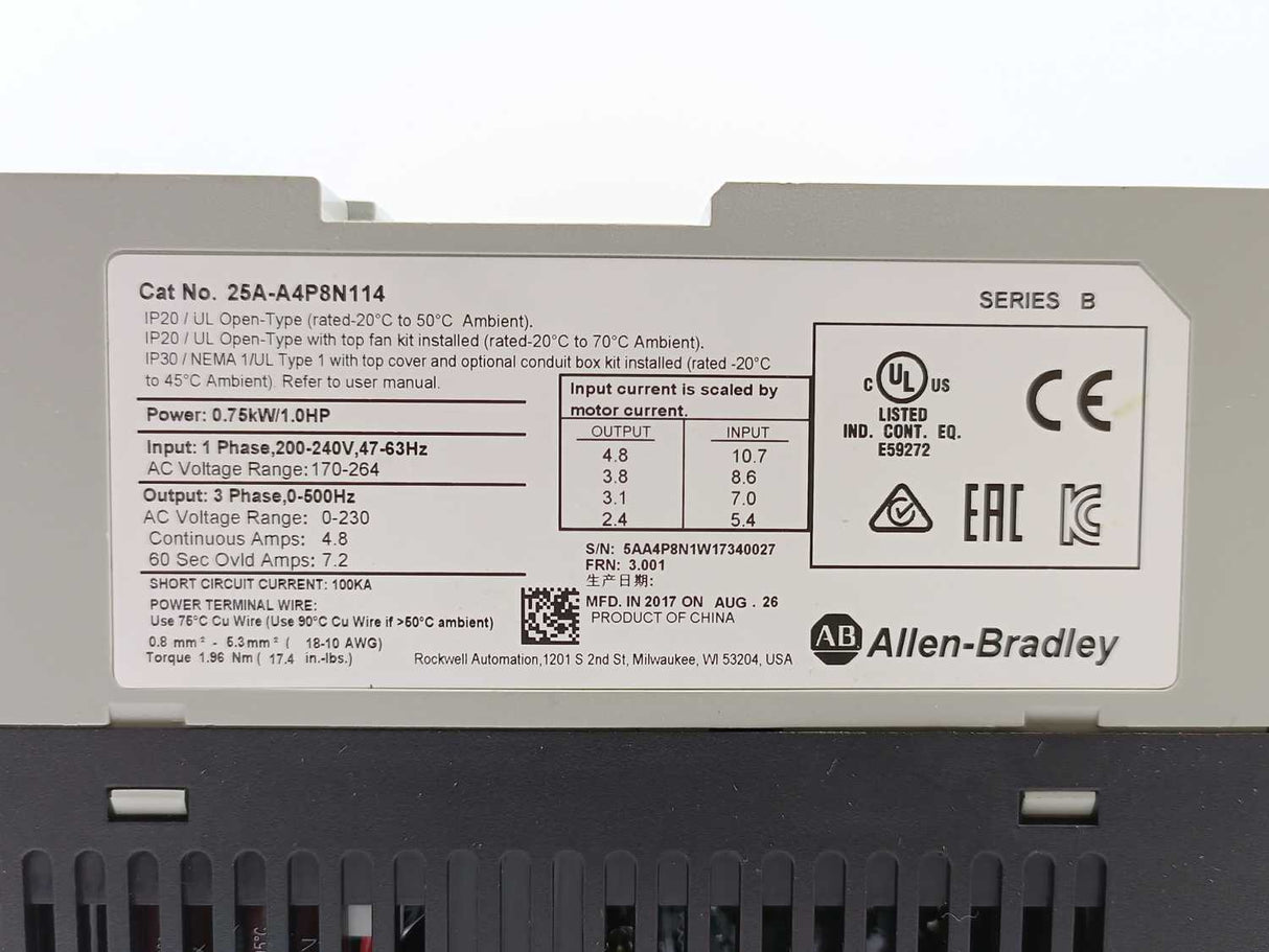 AB 25A-A4P8N114 PowerFlex Ser. B, Variable Frequency Drive 0.75kW / 1.0HP