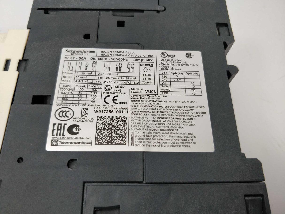 Schneider 60947-2 Combination Motor Controller , Cat. A, 690V, 50/60Hz. 37-50A